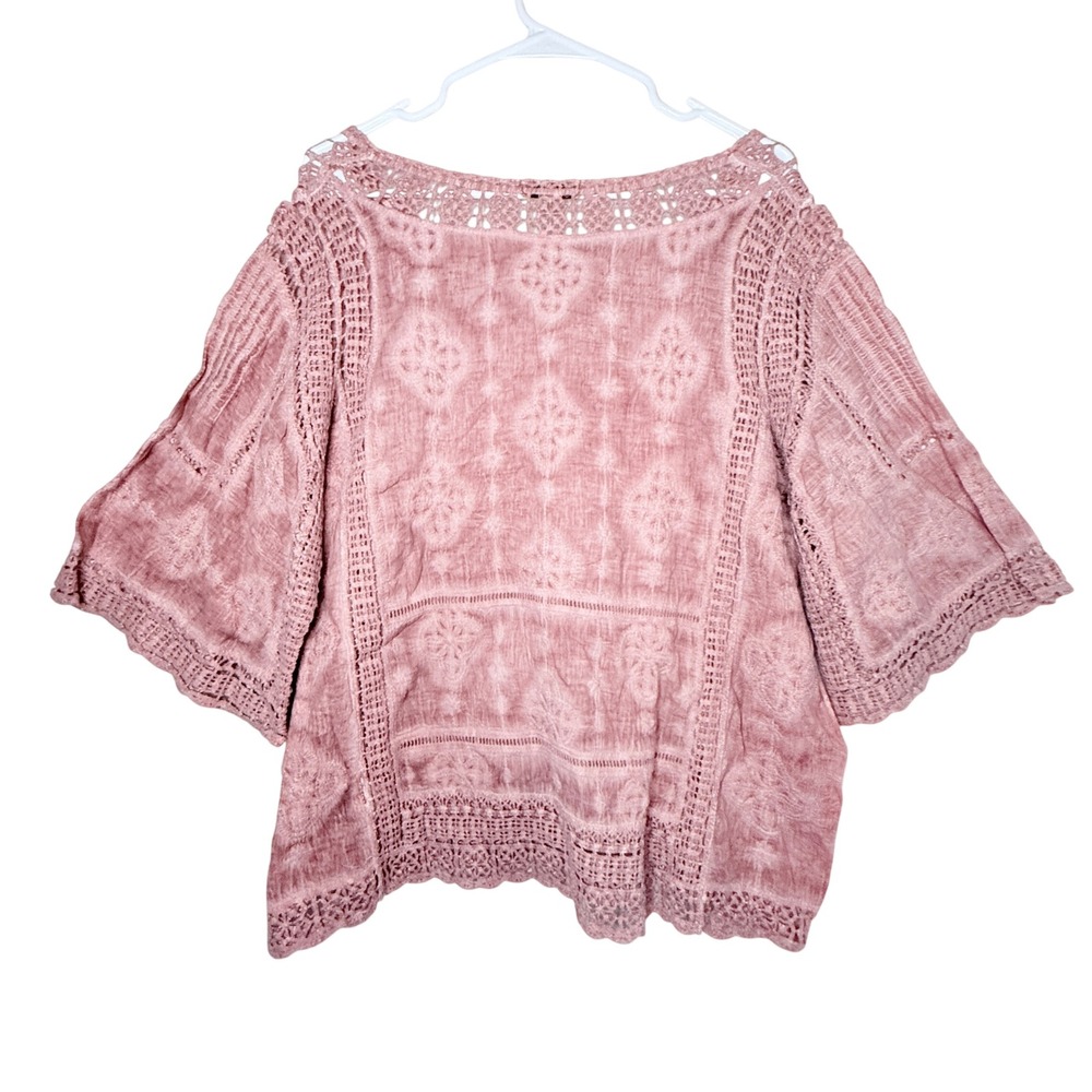 Democracy Dusty Pink Crochet Lace Bell Sleeve Blouse XL Boho Romantic - Picture 2 of 10